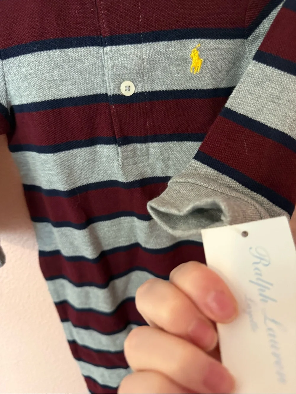 NWT Ralph Lauren Baby Striped Polo One-Piece in Gray and Burgundy